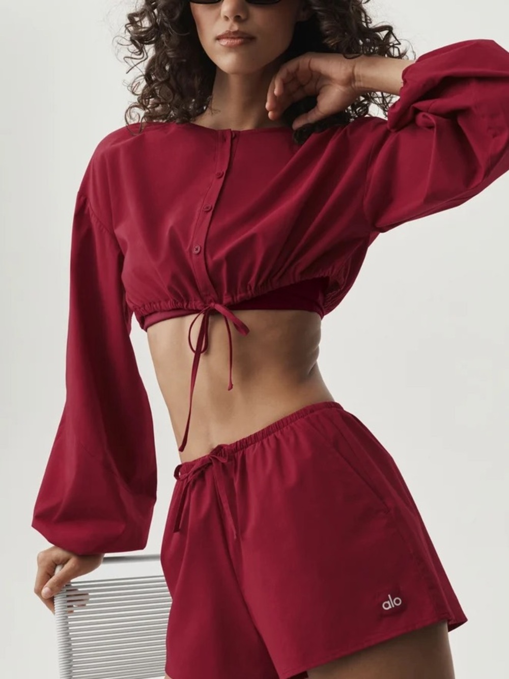 ALO Yoga NEW XS SUMMER ROMANCE RED Cotton Cropped Real Deal Long Sleeve